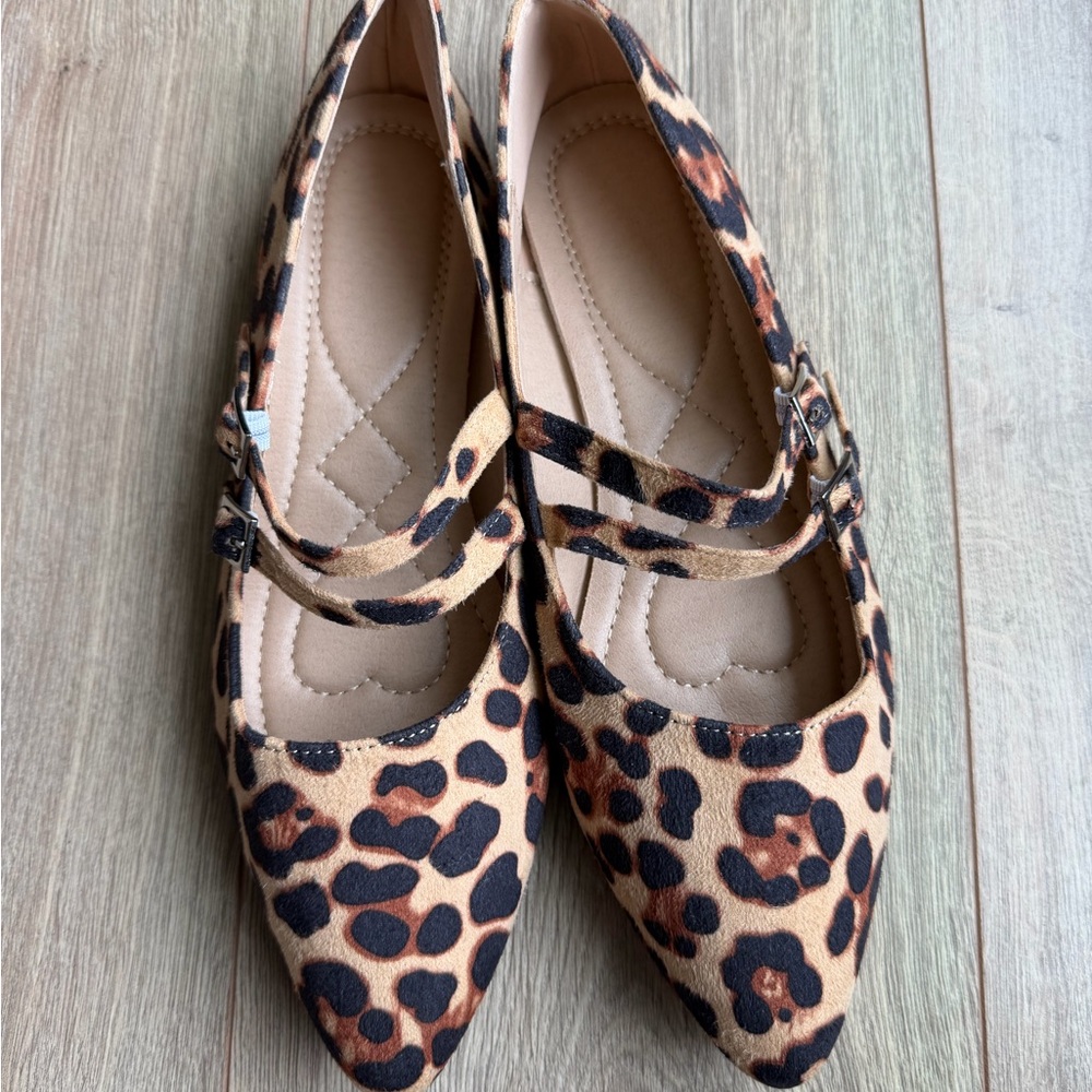 Ballet Flats Leopard Print Double-Strap Pointed Toe Flats - Brown size 8.5 (39) - Picture 2 of 3
